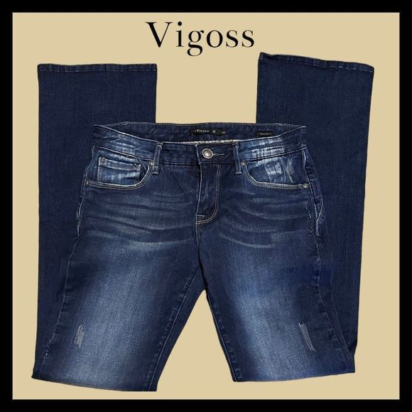 Vigoss Denim - VIGOSS Distressed Dark Wash Denim Bootcut Jeans - Cotton Stretch - Women's 28
